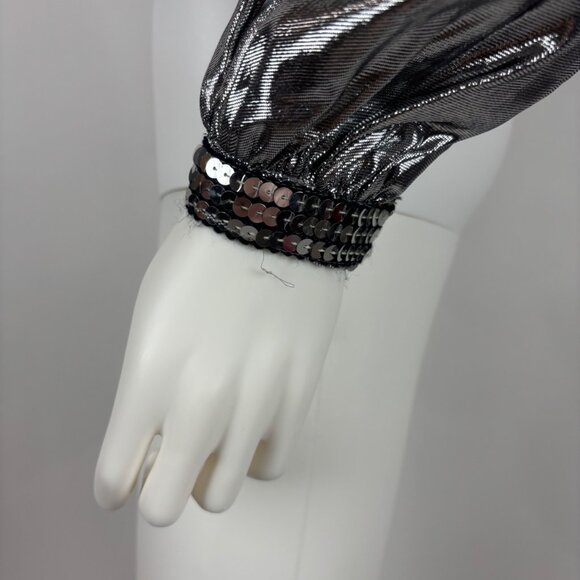 Vintage 70s Disco Shirt Womens Medium Silver Metallic Surplice Wrap Sequin Eveni - Picture 6 of 12
